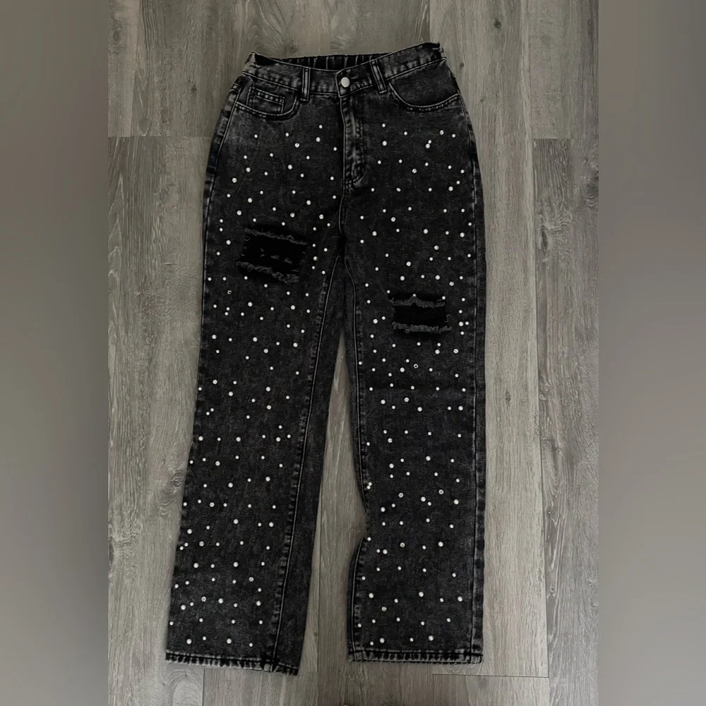 Distressed, Pearl and CZ Accent, Black Jeans